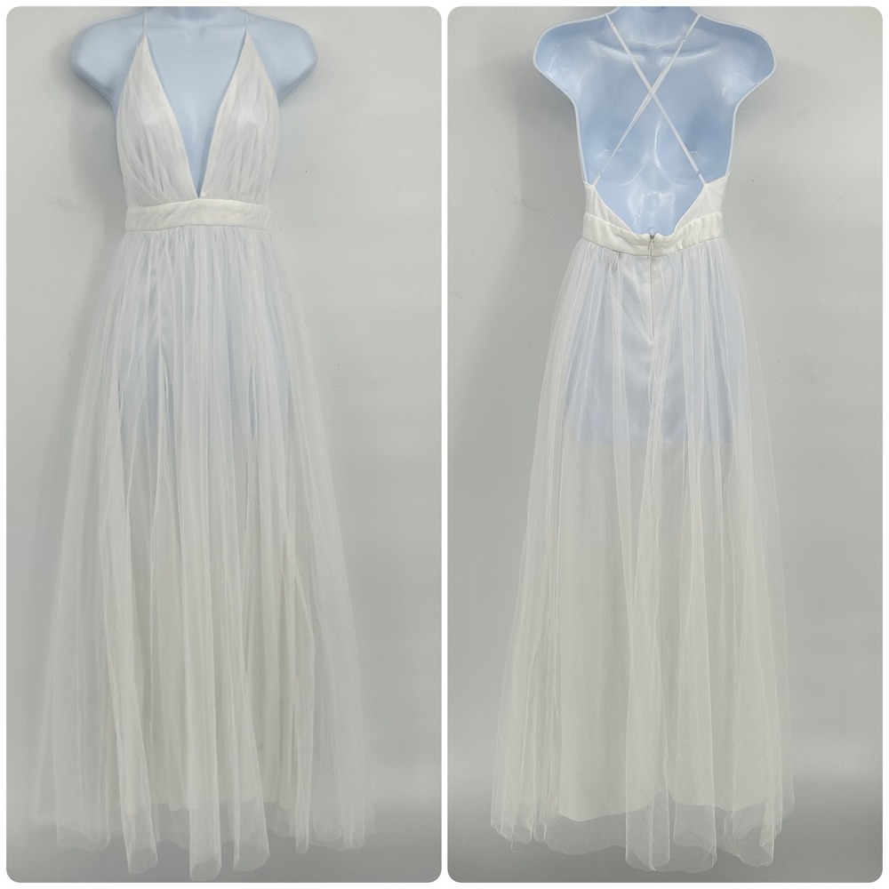 Windsor Womens White Tulle V-Neck Open Back Slit Formal Bridal Maxi Dress Size S - Picture 2 of 8